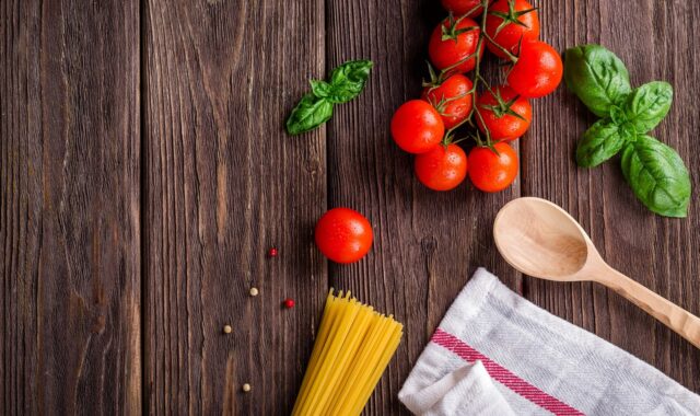 spaghetti, tomatoes, basil, wooden spoon, rustic, wooden table, flat lay, composition, food photography, preparation, food preparation, food, kitchen, pasta, italian, cuisine, italian cuisine, food, food, food, food, food