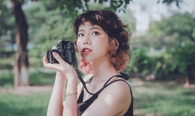 woman, camera, photographer, nature, tool, equipment, trees, leaves, foliage