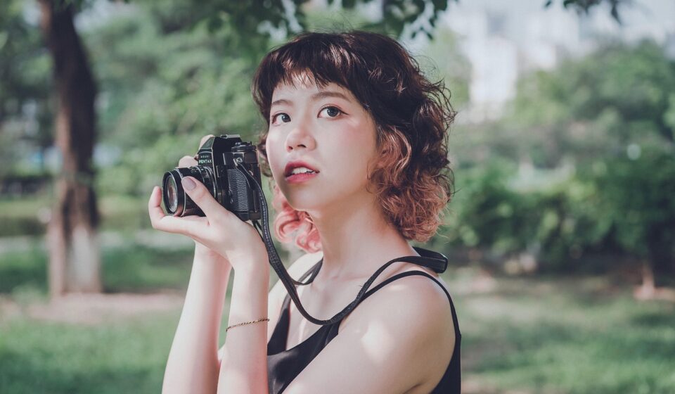 woman, camera, photographer, nature, tool, equipment, trees, leaves, foliage