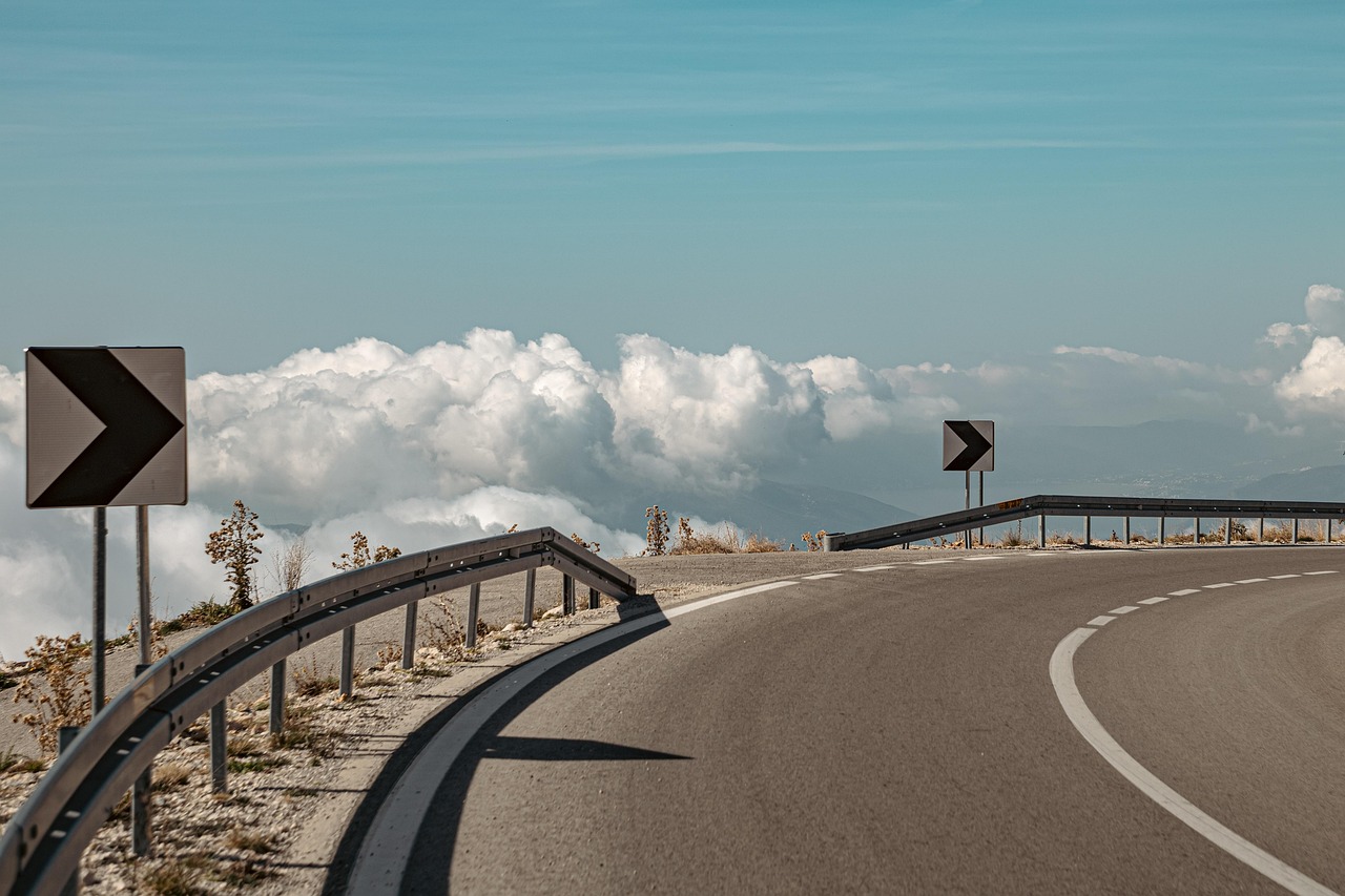 road, sign, arrow, clouds, sky, asphalt, nature, outdoors