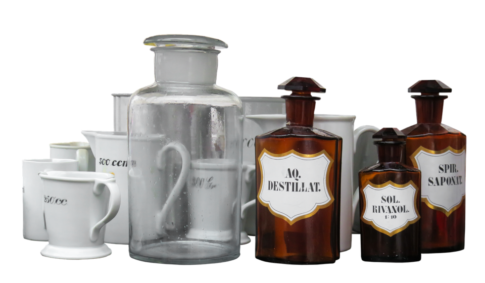 pharmacy, laboratory, health, medicine, bottle, chemistry, science, mix, vial, isolated, glass bottle, poison, prepare, key, plunger, porcelain, mortar