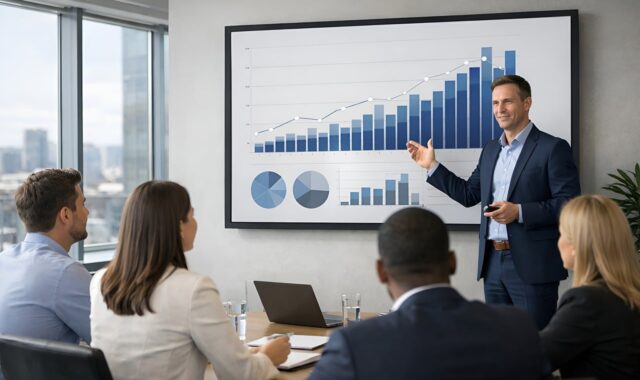 presentation, statistics, graph, meeting, business, analysis, team, projector, manager, consultation, conference room, people, leadership, collaboration, strategy, growth, businessman, growth strategy, chart, ai generated