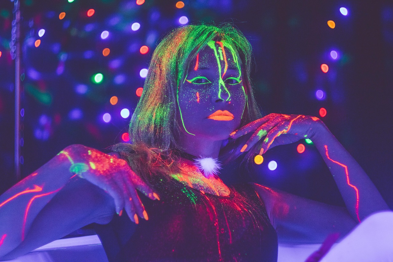 glow in the dark paint in the dark, neon, neon light, artistically, shadow, lamp, lighting, art, hipster, disco, photoshoot neon, young woman, model, color, neon photoshoot in the studio, ultraviolet, fluorescent paint, phosphor, phosphorescent pigment, photoluminescence, uv makeup, uv body painting, disco, disco, disco, disco, disco, ultraviolet, ultraviolet, ultraviolet, photoluminescence