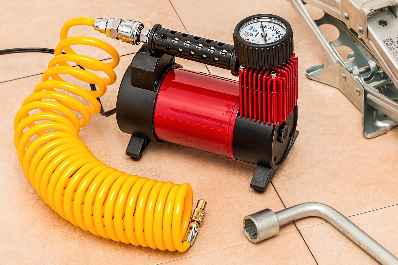 compressor, tire pump, tyre pump, pressure, inflate, tool, air, compression, hose, repair, tube, accessory, equipment, device, flat tyre, flat tire, automotive, air-pump, apparatus, red, yellow, blowing, automobile tool, compressor, compressor, compressor, compressor, compressor