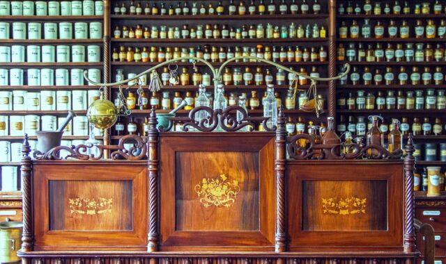 pharmacy, counter, medicine, historical pharmacy counter, wooden counter, glass bottles, flask glasses, kiel, molfsee, counter with inlays, medical glass bottles, counter with iron ornaments, pharmacy, pharmacy, pharmacy, pharmacy, pharmacy