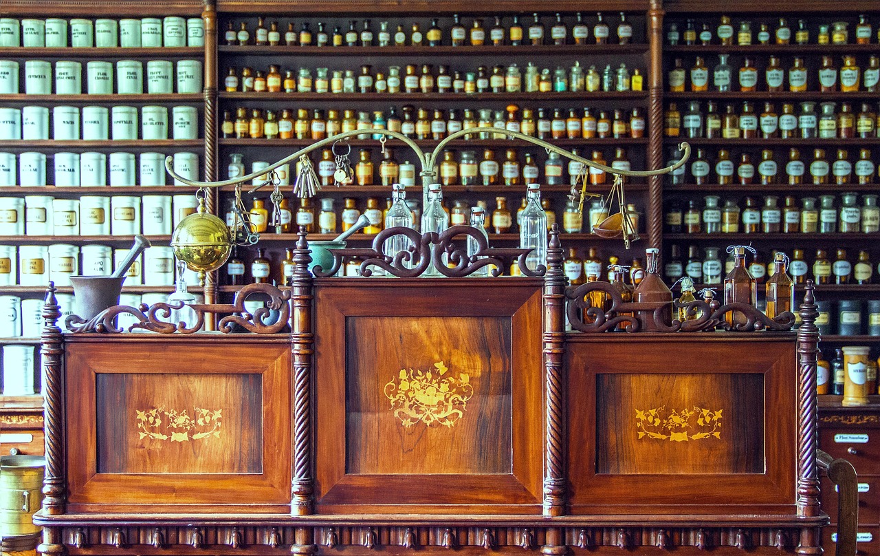 pharmacy, counter, medicine, historical pharmacy counter, wooden counter, glass bottles, flask glasses, kiel, molfsee, counter with inlays, medical glass bottles, counter with iron ornaments, pharmacy, pharmacy, pharmacy, pharmacy, pharmacy