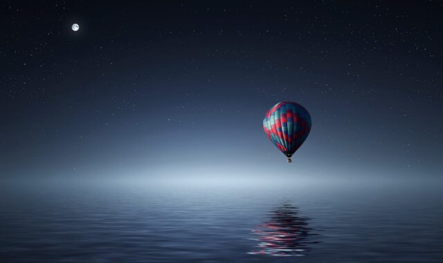 hot air balloon, lake, balloon, sky, clouds, night, reflection, nature, moon, moonlight, full moon, floating, dream, night sky, fantasy, blue sky