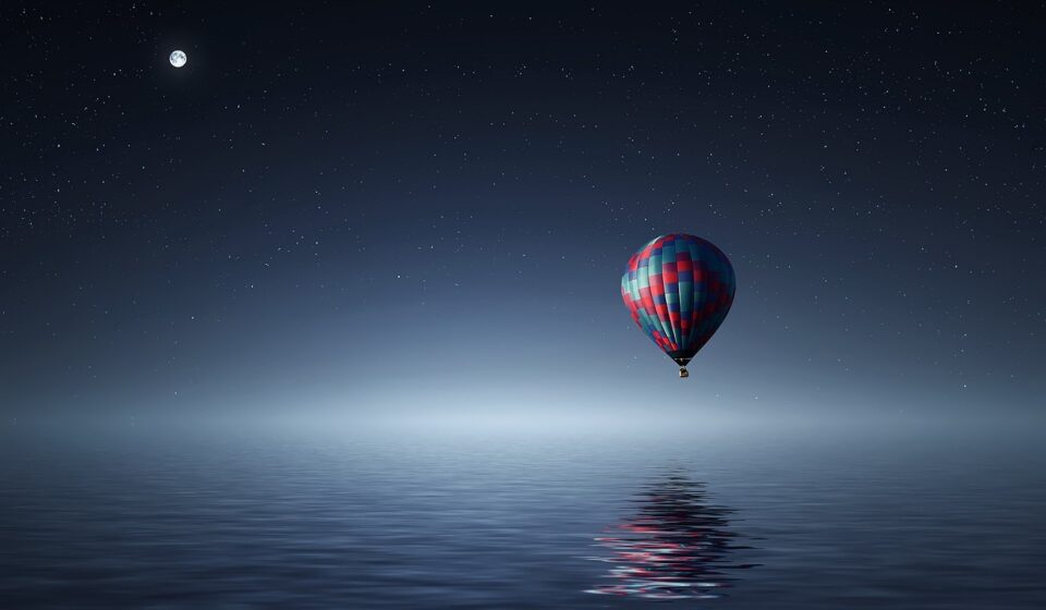 hot air balloon, lake, balloon, sky, clouds, night, reflection, nature, moon, moonlight, full moon, floating, dream, night sky, fantasy, blue sky