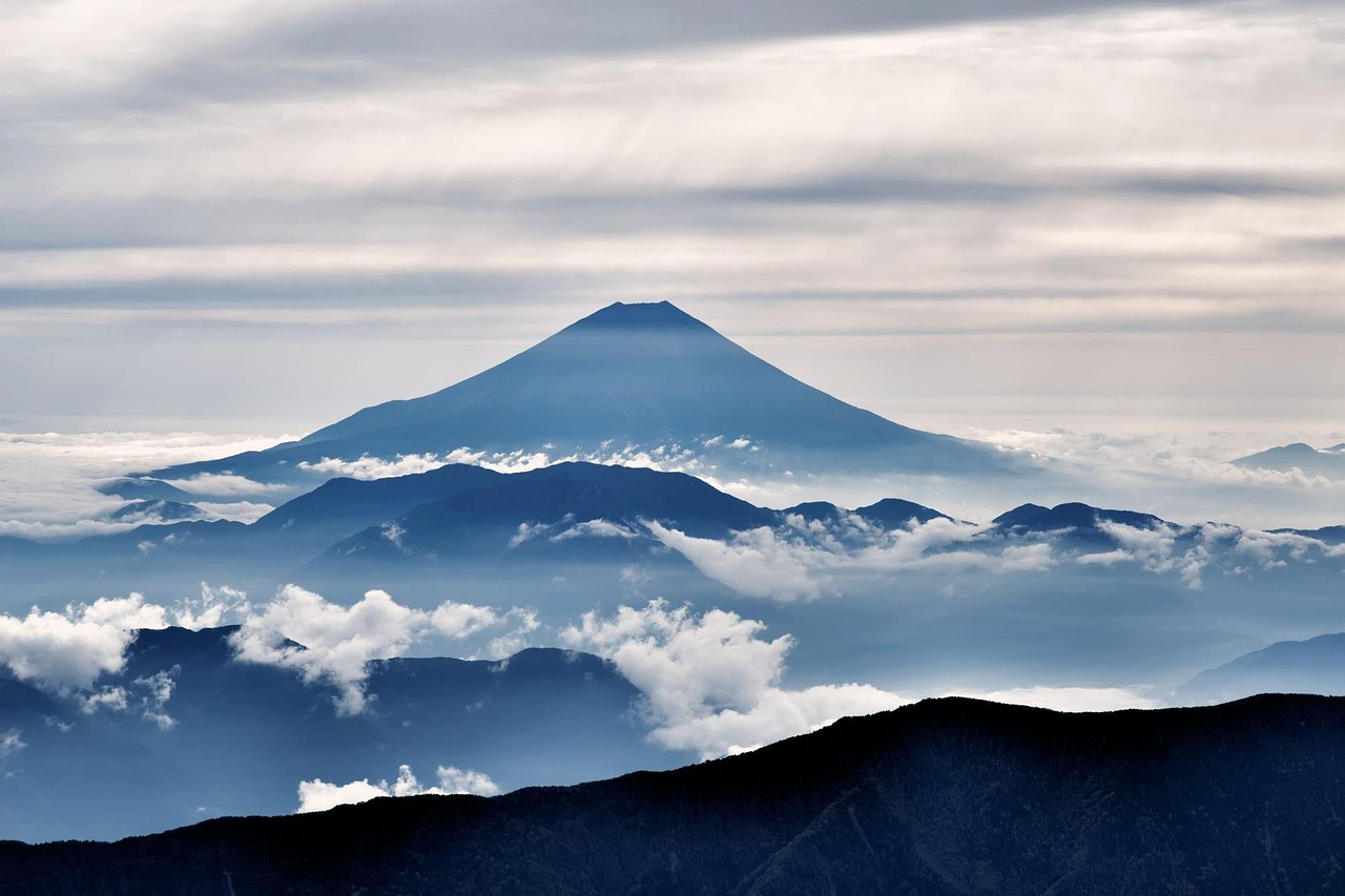 mt fuji, volcano, silhouettes, clouds, mountains, nature, landscape, japan, tourist attraction, places of interest, famous