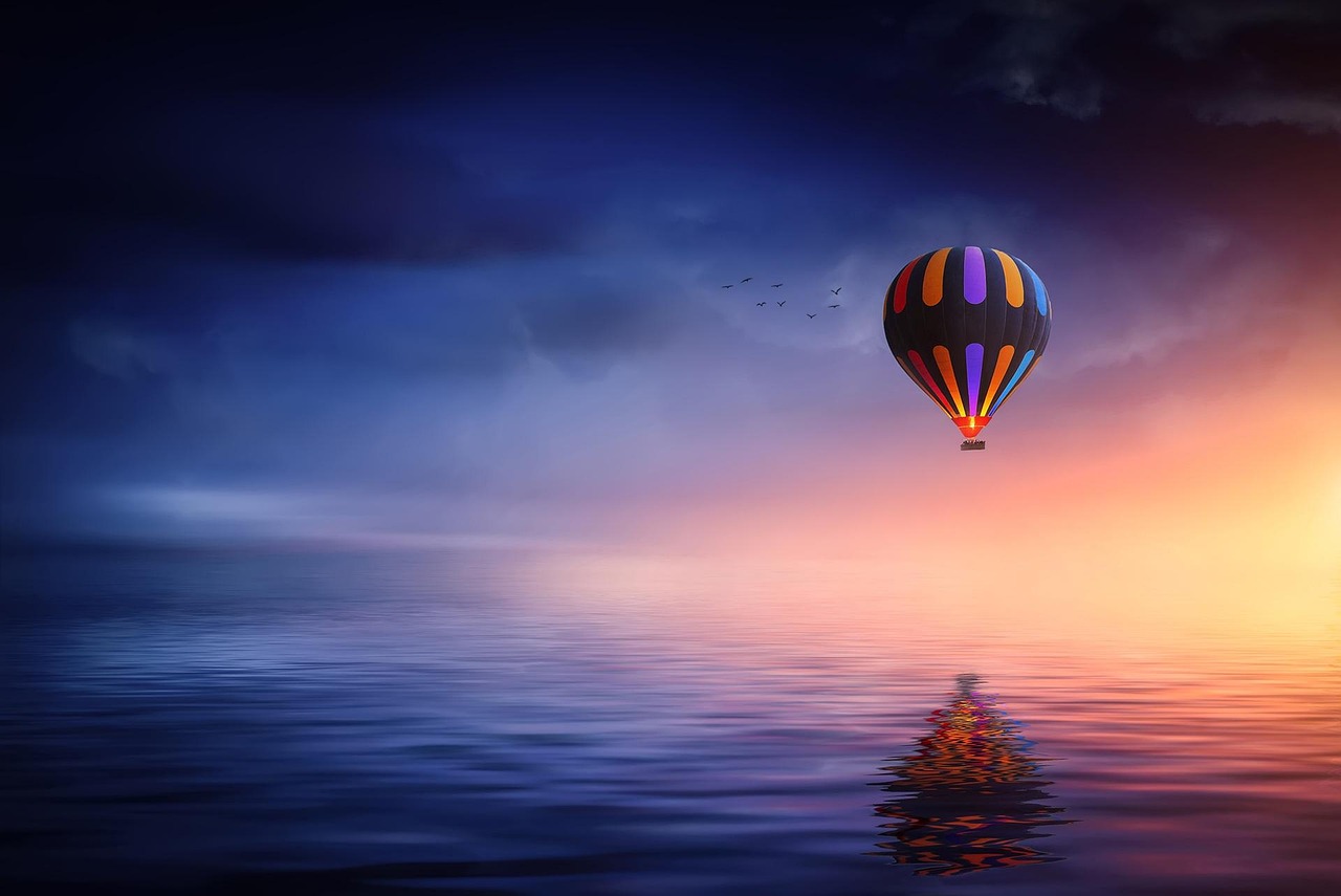 hot air balloon, lake, balloon, sunset, blue, yellow, colorful, sky, nature, clouds, reflection, floating, dream, fantasy, blue sky, blue sunset, blue clouds, blue fantasy, blue dream, blue lake, blue color