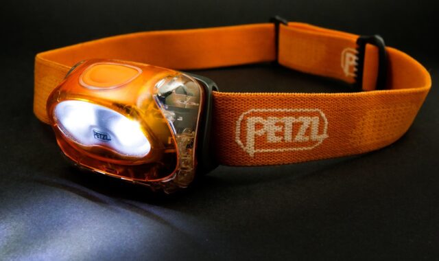 lamp, lights, light, a flashlight, lumen, led, orange, black, reflector, modern, petzl