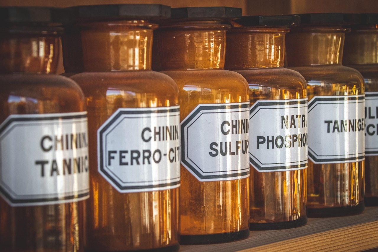 pharmacy, old, bottles, medicinal products, remedies, chemistry, brown, historical, medicine, wood, pharmacy cabinet, glass, shelf, retro, formerly, health