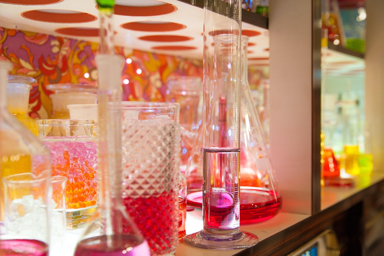 colorful, glasses, vase, sideboard